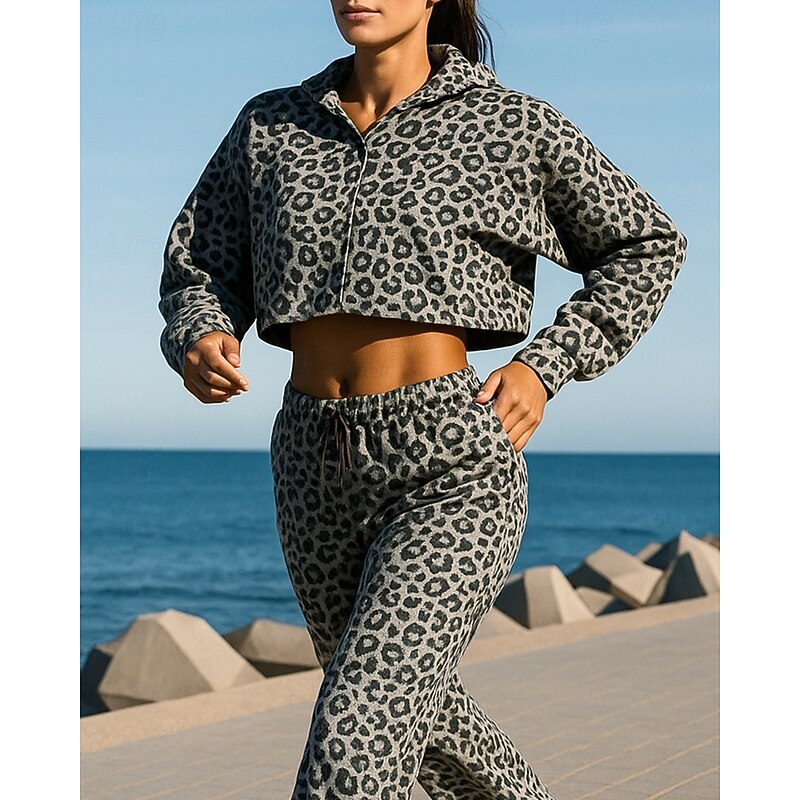 Women's Lounge Outfits  Sports Leisure Suits Drawstring Pocket Leopard Clothing Suit Spring Black Hiking Workout Athletic Windproof Lightweight Moisture Wicking Long Sleeve Sport Activewear3