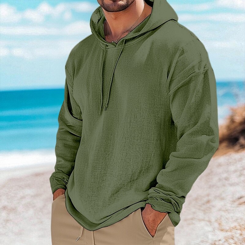 Men's Henley Shirt Linen T-Shirt Long Sleeve Hooded Summer Spring Solid Color Plain Vintage Bohemian Casual Raw Edge Vacation Street Casual White Pink Light Blue Top Tee for Men3