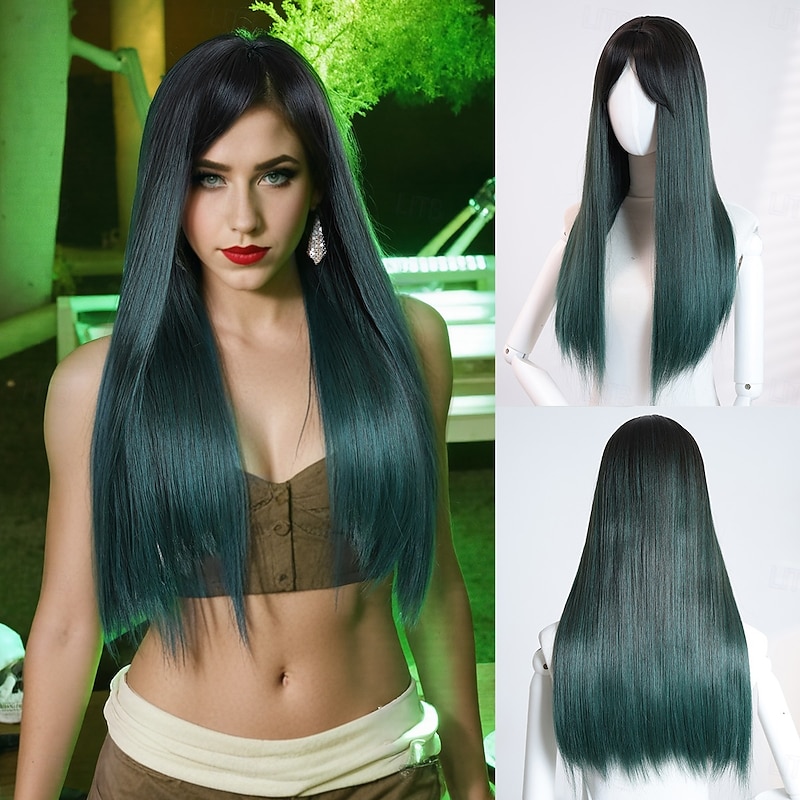 Women's 22″ Ombre Green Straight Halloween Wig – Full Bangs, Heat‑Resistant Synthetic Long Hair for Costume & Everyday Fashion