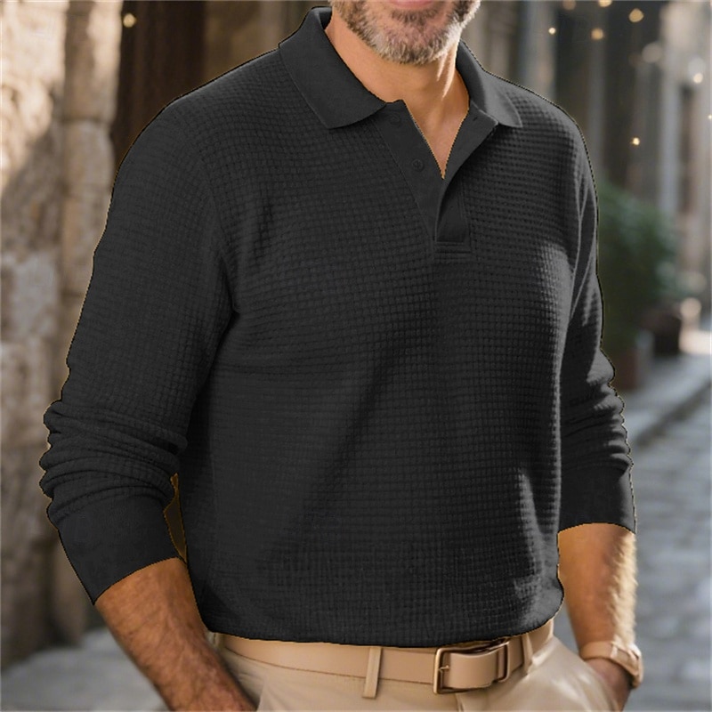 Men's Waffle Polo Shirts Golf Shirt Work Casual Lapel Long Sleeve Basic Modern Plain Buttons Spring Fall Regular Fit Black White Yellow Red Light Grey Light Blue Waffle Polo Shirts3