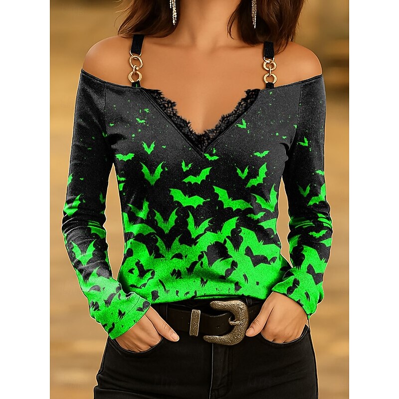 Halloween Women's T shirt Bat Long Sleeve Ombre Graphic Vintage Stylish Classic Long Sleeve V Neck Regular Tops Daily Lace Print Pink Blue Purple Orange Green Spring Fall Prefall4