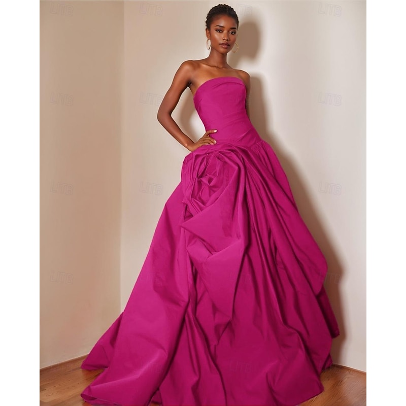 Ball Gown A-Line Drop Waist Evening Gown Celebrity Style FLoral Dress Carnival Formal Watteau Train Sleeveless Strapless Satin with Ruched Ruffles4