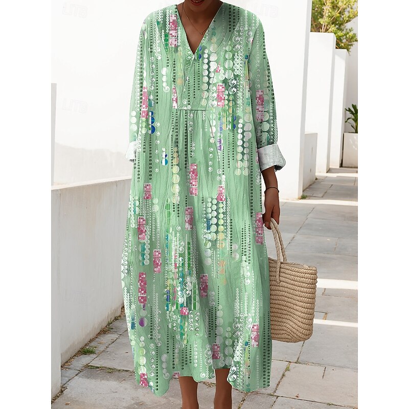 Women's Midi Dress V Neck Long Sleeve Kaftan Lightweight Loose Fit A Line Dress Casual Daily Graphic Geometric Long Sleeve V Neck Navy Yellow Green Beige Fall4