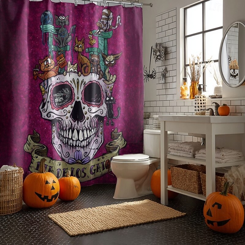 Dia De Los Gatos and Dia De Los Perros by David Lozeau Halloween ShowerCurtain with Hooks Polyester Washable Waterproof Pattern Bathroom Bathtub Decor2