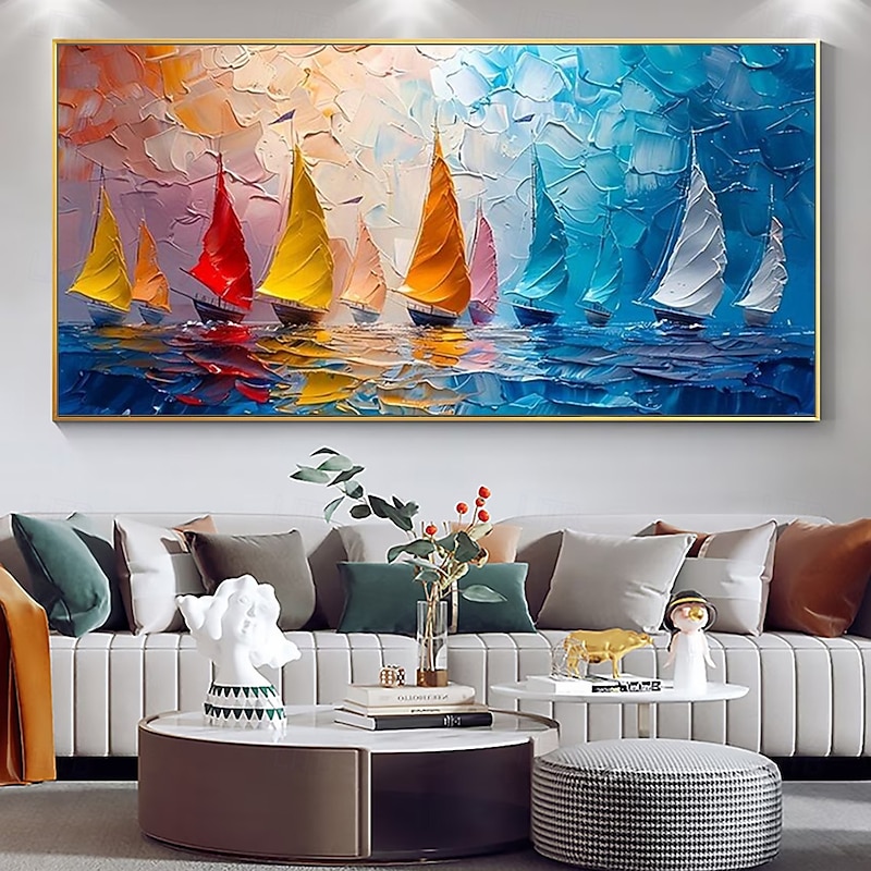 Mintura Handmade Abstract Bost Oil Paintings On Canvas Wall Art Decoration Modern Ship Landscape Picture For Home Decor Rolled Frameless Unstretched Painting