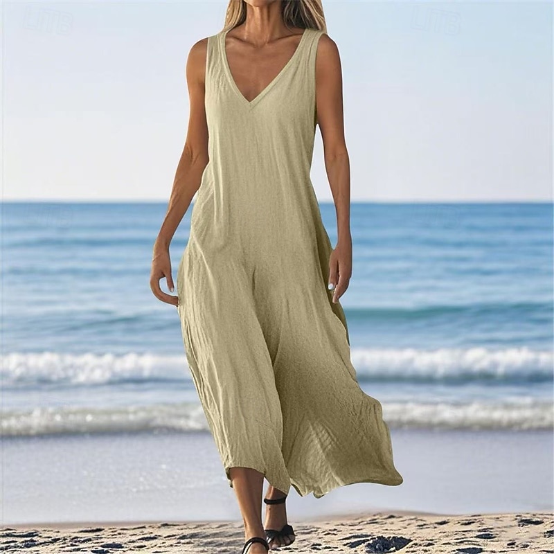 Women's Long Dress Maxi Dress Casual Dress Summer Dress Fashion Modern Daily Beach Weekend Regular Fit Plain Sleeveless V Neck White Blue Apricot Spring Fall