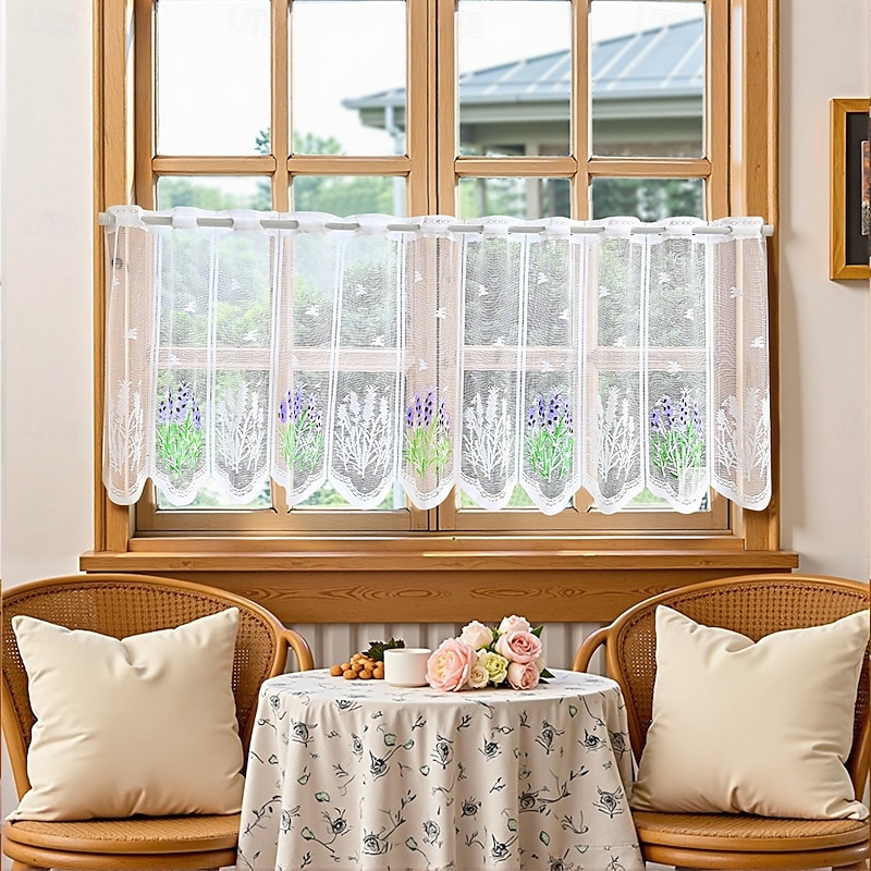 1pc Romantic Lavender Lace Cafe Curtain - Purple and White Floral Design, Semi-Transparent Polyester, Rod Pocket Hanging for Kitchen and Home Decor