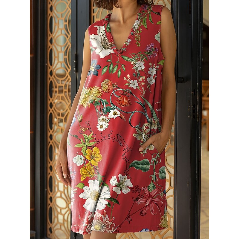 Women's Midi Dress Sundress Shift Dress Ruffle Dress Vacation Party Birthday Party Beach Regular Fit Floral Graphic Sleeveless V Neck Yellow Pink Red Blue Summer2