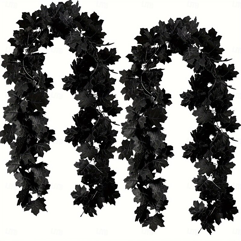 2-Pack 68.89 Plastic Artificial Black Maple Leaf Garland - Versatile No Power Needed Faux Fall Leaves for Home Decor Weddings and Thanksgiving Displays3