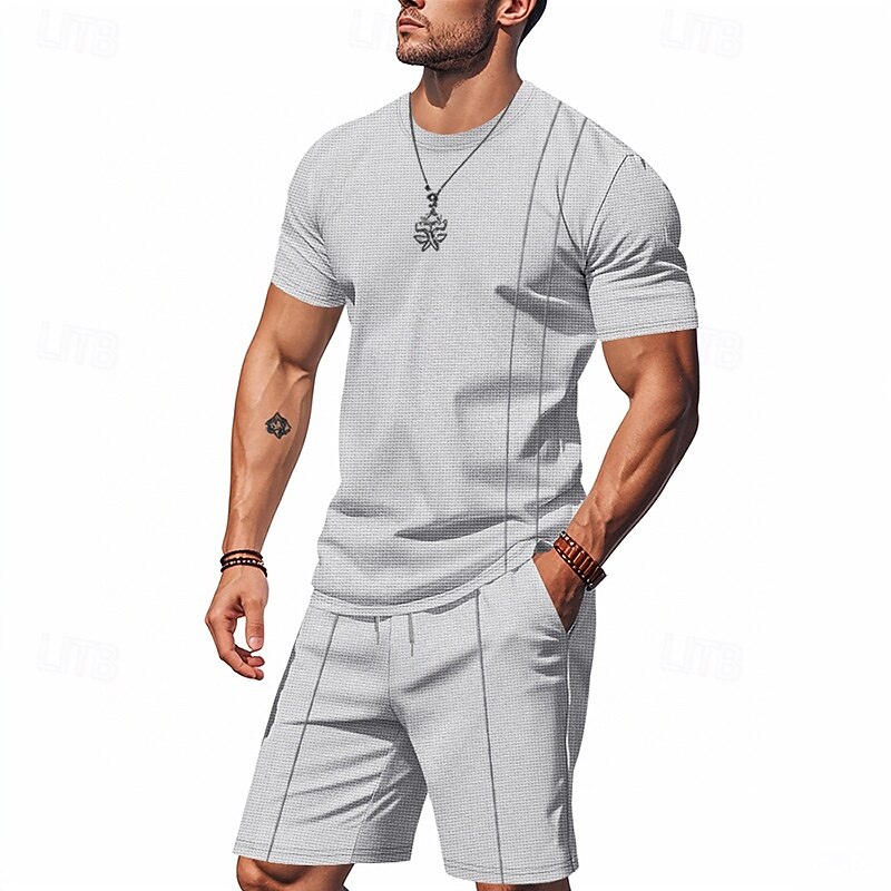 Men's Waffle Shirt T-shirt Suits 2 Pieces Outfits Tee & Shorts Short Sleeve Crew Neck Summer Spring Plain Fashion Casual 2 Piece Vacation Daily Wear Going out Black White Royal Blue Top Tee for Men3