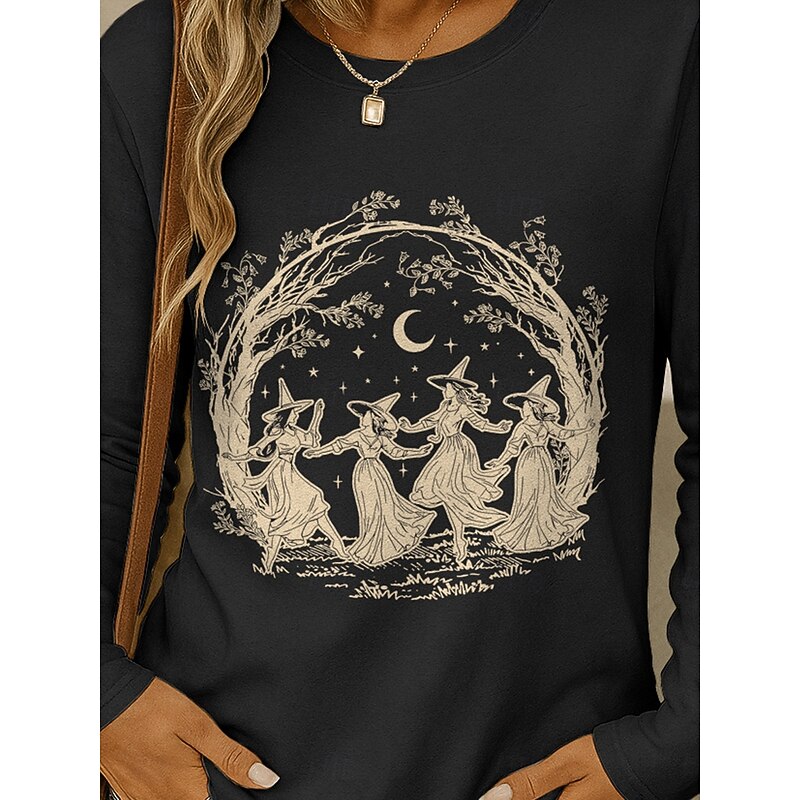 Halloween Women's T shirt Witch Crew Neck Long Sleeve Tunic Graphic Vintage Stylish Classic Round Neck Regular Tops Daily Weekend Print Black Wine Blue Purple Green Spring Fall3
