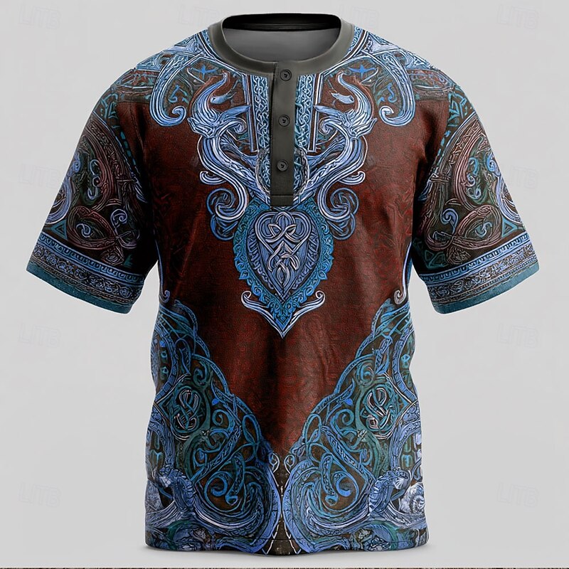 Men's Viking T Shirt Henley Shirt Short Sleeve Viking Designer Retro Vintage Street Casual Daily Summer Spring All Seasons Light Green Blue Dark Green khaki Henley Henley T-Shirt2