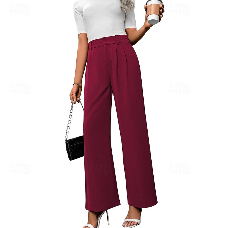 Women's Wide Leg Slacks Streetwear Casual Full Length Natural Plain Pocket Elastic Waist Comfortable Outdoor Weekend Maroon claret Orange red Peacock Blue Fall Regular Fit4