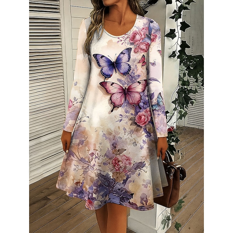 Women's Mini Dress Crew Neck Long Sleeve Casual Dress T Shirt Dress Tee Dress A Line Dress Casual Regular Fit Floral Graphic Butterfly Pink Blue Orange Green Spring Fall Winter3