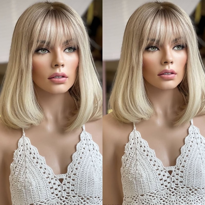 Brazilian 100% Virgin Remy Human Hair Short Bob 13x4 Lace Front Human Hair Wig With Bangs Ombre Straight Ash Blonde Glueless 5x5 Lace Closure Wig For Women3