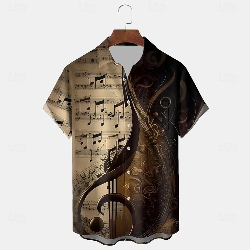 Men's Boardmasters Guitar Musical Notes Shirt Summer Shirt Button Up Shirt Short Sleeve Vintage Retro Outdoor Vacation Dailywear Summer Spring Turndown 3D Print Collared Shirts Front One Pocket Brown2