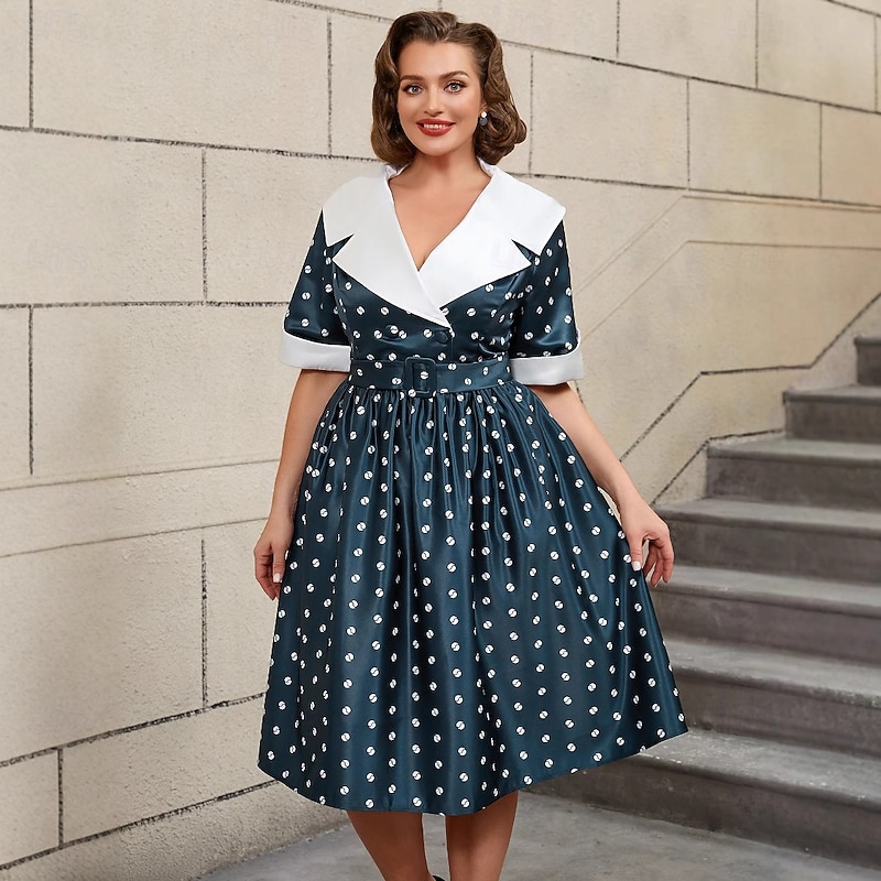 Retro Vintage 1950s Rockabilly Midi A-Line Dress Flare Dress Plus Size Polka Dot A-Line Fancy Dress Women's Vacation Party & Evening Retro Theme Party Adults Dress Spring & Summer