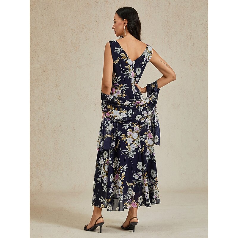 Women's Maxi long Dress Chiffon Dress Elegant Vacation Birthday Date Beach Regular Fit Floral Graphic Sleeveless Cowl Neck Navy Blue Summer Spring Fall2