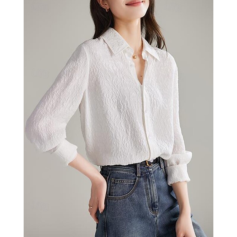 Women's Shirt Texture Blouse Blouse Plain Modern Casual Long Sleeve Shirt Collar Regular Tops Daily Holiday Buttons White Fall2