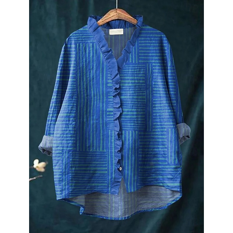 Women's Boho Shirt Graphic Geometric Elegant Bohemia Active V Neck Regular Tops Daily Holiday Beach Wear Ruffle Denim Blue Yellow Red Blue Purple Fall3