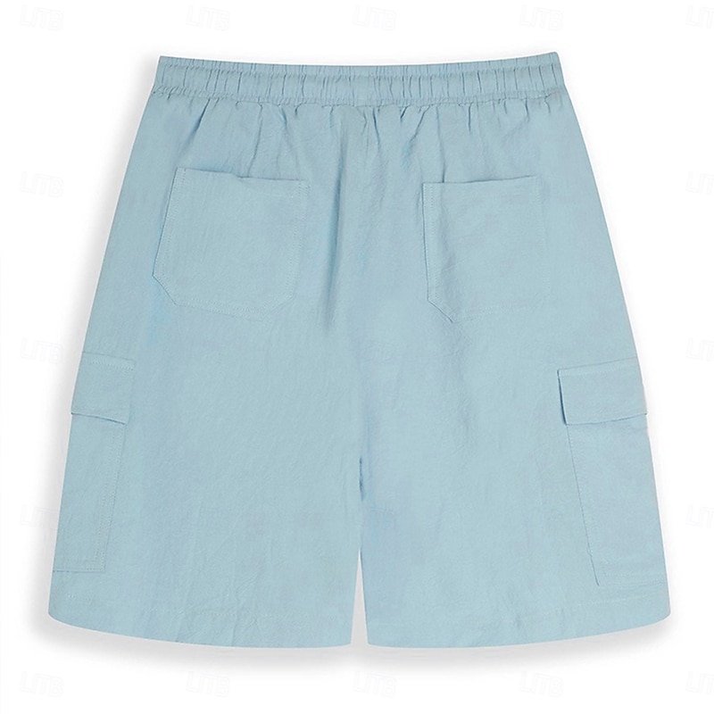Men's Cargo Shorts Shorts Linen Shorts Summer Shorts Beach Shorts Drawstring Elastic Waist Multi Pocket Plain Knee Length Outdoor Daily Beach Vacation Hawaiian Black White Stretchy3