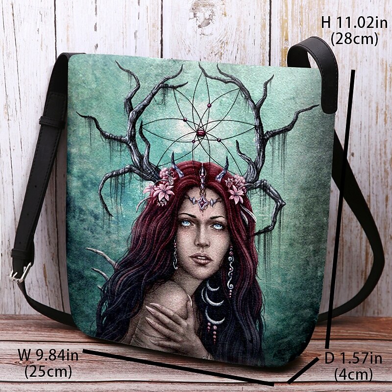 Women's Gothic Halloween Crossbody Bag  By Sarah Richter– Creepy Doll or Witch Print Shoulder Purse for Spooky Costume Parties and Festivals3