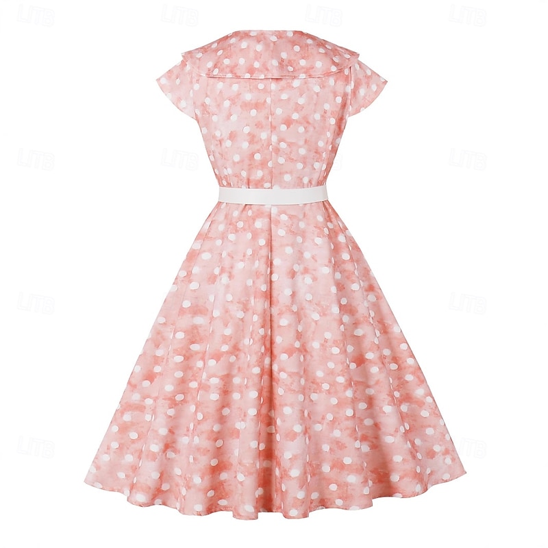 Retro Vintage 1950s Rockabilly Midi Swing Dress Flare Dress Shirt Dress With Belt Fit and Flare Polka Dot Fancy Dress Women's Masquerade Vacation Casual Retro Theme Party Adults Dress Belt Spring3