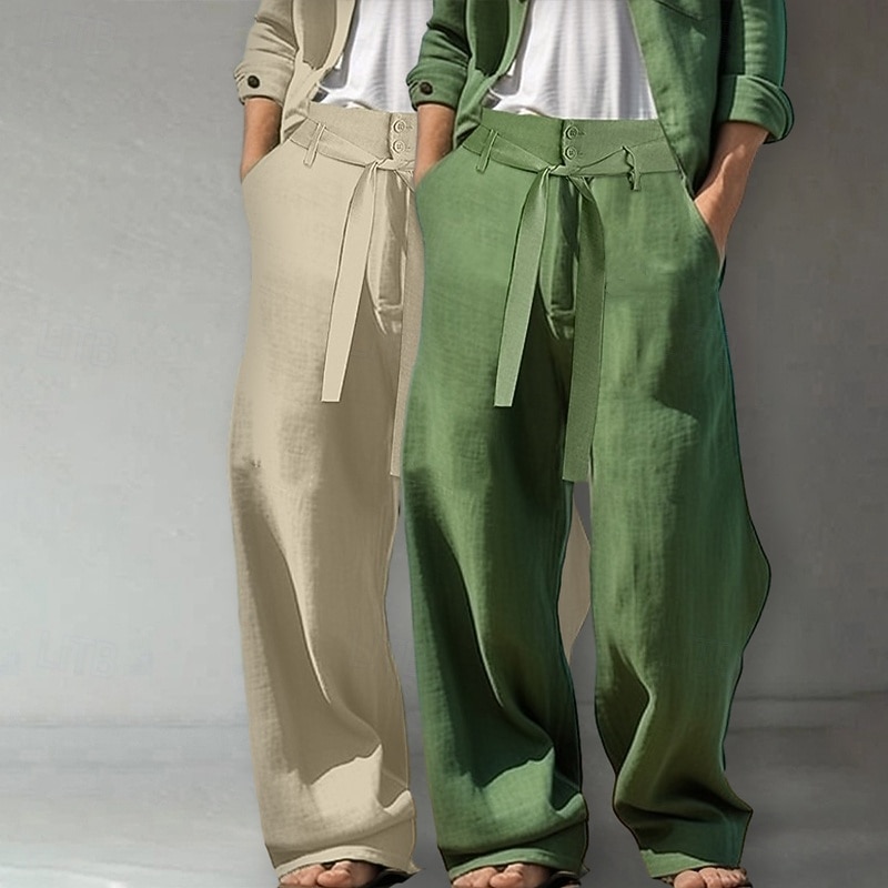 Men's Linen Pants Trousers Summer Pants Baggy Pants Elastic Waist Drawstring Straight Leg Plain Comfort Breathable Full Length Outdoor Daily Beach Vacation Fashion White+Green White+khaki Inelastic2