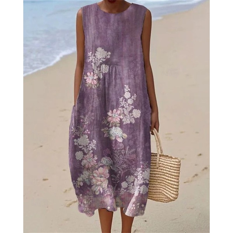 Women's Midi Dress Casual Dress Summer Dress Fashion Modern Daily Beach Weekend Regular Fit Flower Sleeveless Crew Neck Pink Blue Purple Fall