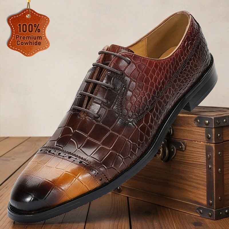 Men’s Crocodile Pattern Genuine Leather Oxford Shoes – Dual-tone Lace-up Shoes for Fashion-forward Men, Business Dinners and Evening Receptions