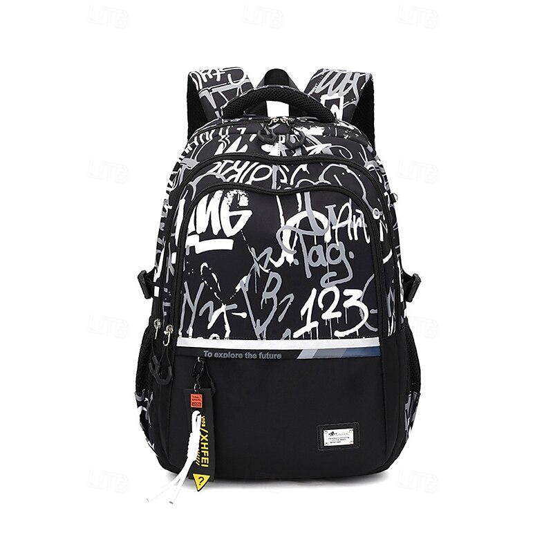 Waterproof Graffiti Print School Backpack for Teens – Large Capacity Black Bookbag with Padded Laptop Compartment, Stylish Travel Bag for Boys and Girls