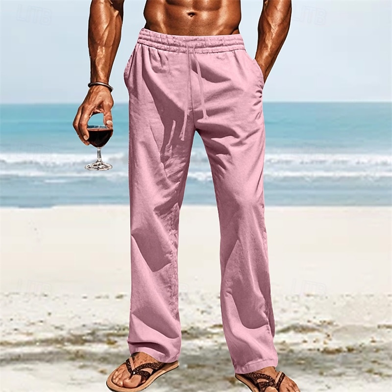 Men's Linen Pants Trousers Summer Pants Beach Pants Pocket Elastic Waist Drawstring Plain Comfort Breathable Vacation Daily Holiday Hawaiian Boho White Dark Red