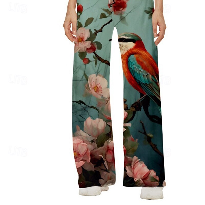 Women's Wide Leg Slacks Streetwear Casual Full Length Natural Flower Print Elastic Drawstring Design Soft Outdoor Vacation Street Green Fall Regular Fit3