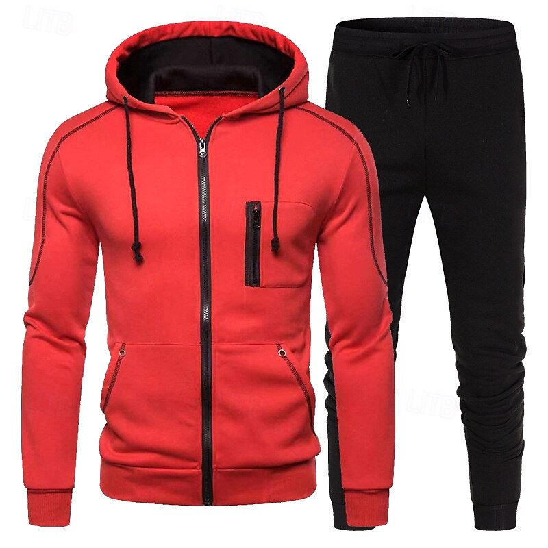 Men's Hoodie Tracksuit Full Zip Hoodie Sweatsuit Black Red Navy Blue Royal Blue Light Grey Hooded Color Block 2 Piece Sports & Outdoor Daily Holiday Polyester Streetwear Basic Casual Spring Fall4