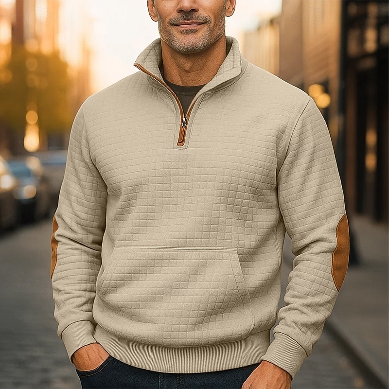 Men's Sweatshirt Waffle Sweatshirt Quarter Zip Sweatshirt Black Navy Blue Khaki Dark Gray Gray Standing Collar Plain Patchwork Textured Sports & Outdoor Casual Daily Streetwear Cool Designer Spring2
