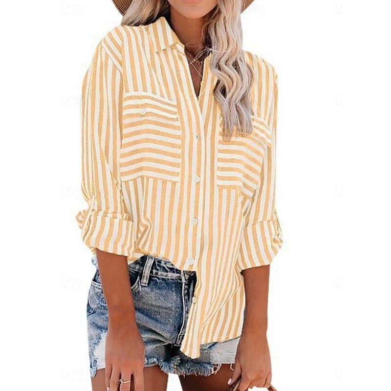 Women's Cotton Linen Shirts Striped Stylish Casual Long Sleeve Shirt Button Down Blouse Collar Regular Tops Daily Pocket Buttons Print Yellow Pink Blue Green Summer Spring Fall