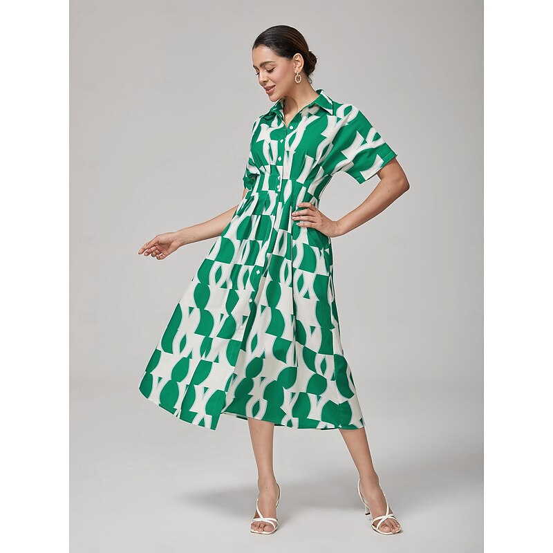 Vintage Green Geometric Pleated Shirt Dress4