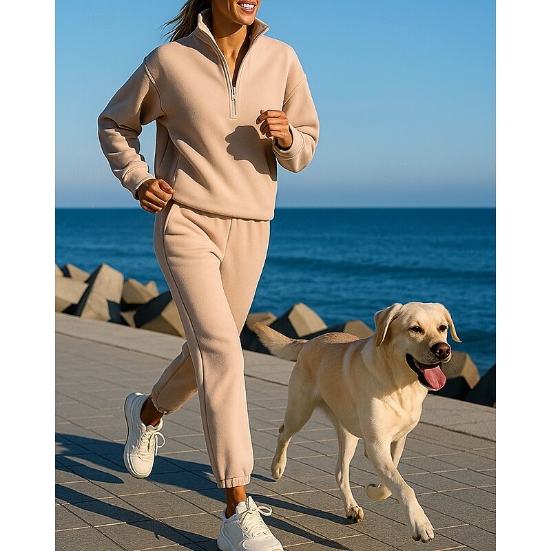 Women's Tracksuit Sweatpants Pullover Sweatshirt Quarter Zipper Solid Colored Clothing Suit Fall & Winter Apricot Hiking Workout Athletic Windproof Lightweight Moisture Wicking Long Sleeve Sport