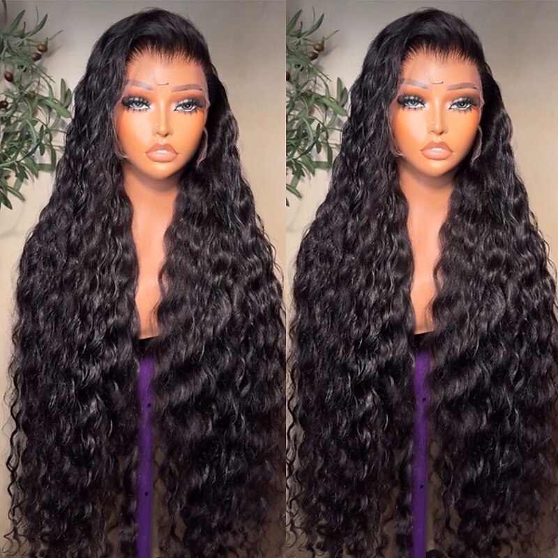 Unprocessed Virgin Hair 5x5 Closure 13x4 Lace Front Wig Free Part Brazilian Hair Water Wave Black Wig 130% 150% Density with Baby Hair Natural Hairline 100% Virgin Glueless Pre-Plucked For Women Long4