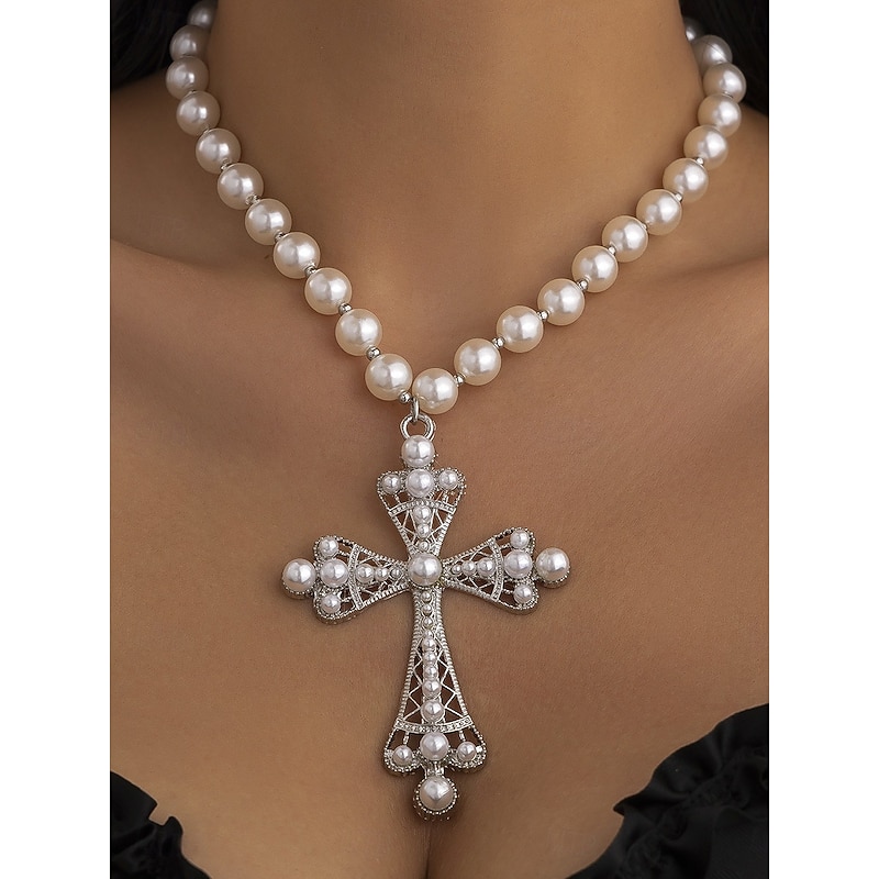 Women's Baroque Pearl and Beaded Cross Pendant Necklaces - Multiple Style Options for Elegant Gothic and Vintage Looks, Perfect for Parties and Special Occasions4