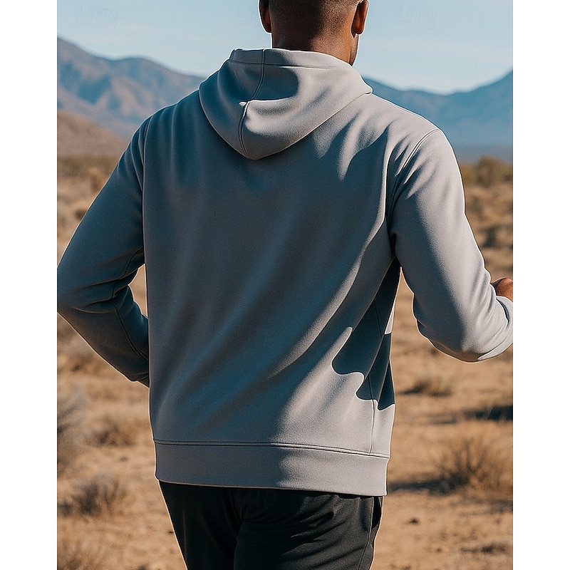 Men's Hoodie Sweatshirt Running Top Drawstring Pocket Long Sleeve Top Athleisure Fall Solid Colored Moisture Wicking Breathable Basketball Football Running Sportswear Activewear Black Gray2