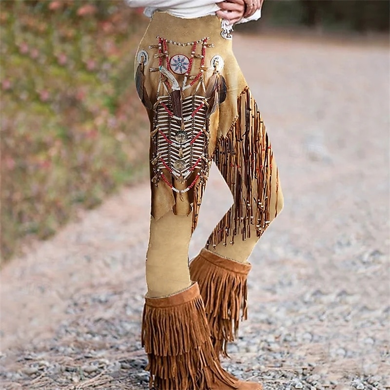 Women's Pants Trousers Leggings Cozy Leggings Streetwear Boho Full Length High Waist Graphic Prints Elastic Waist Print Breathability Comfortable Stretchy Vacation Street Daily Wear Brown Khaki2