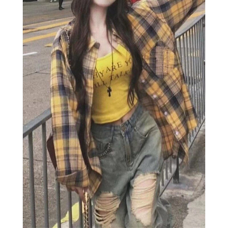 Women's Shirt Plaid Daily Stylish Basic Long Sleeve Shirt Collar Regular Tops Work Daily Holiday Buttons Yellow Pink Blue Spring Fall3