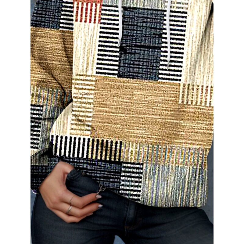 Women's Hoodie Pullover Sweatshirt Oversized Long Sleeve Casual Graphic Geometric Warm Active Hooded Regular Tops Street Dailywear Patchwork Print Khaki Spring Fall Winter3