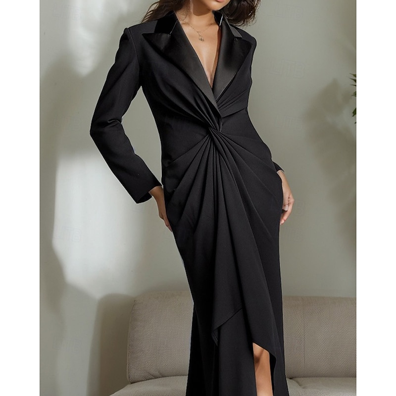 Tuxedo Dress A-Line Formal Wedding Guest Satin Elegant Simple Long Sleeve Floor Length Peak Lapel2