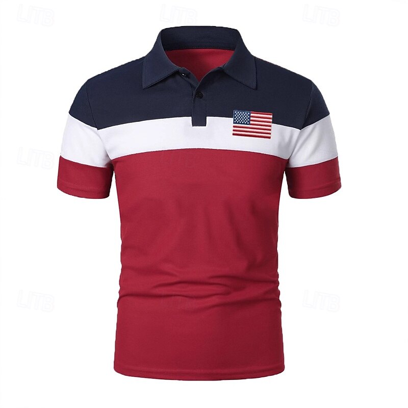 Men's Golf Shirt Golf Polos Shirts Work Casual Lapel Short Sleeve Basic Modern Color Block National Flag Patchwork Buttons Summer Spring Regular Fit Navy Blue Golf Shirt2