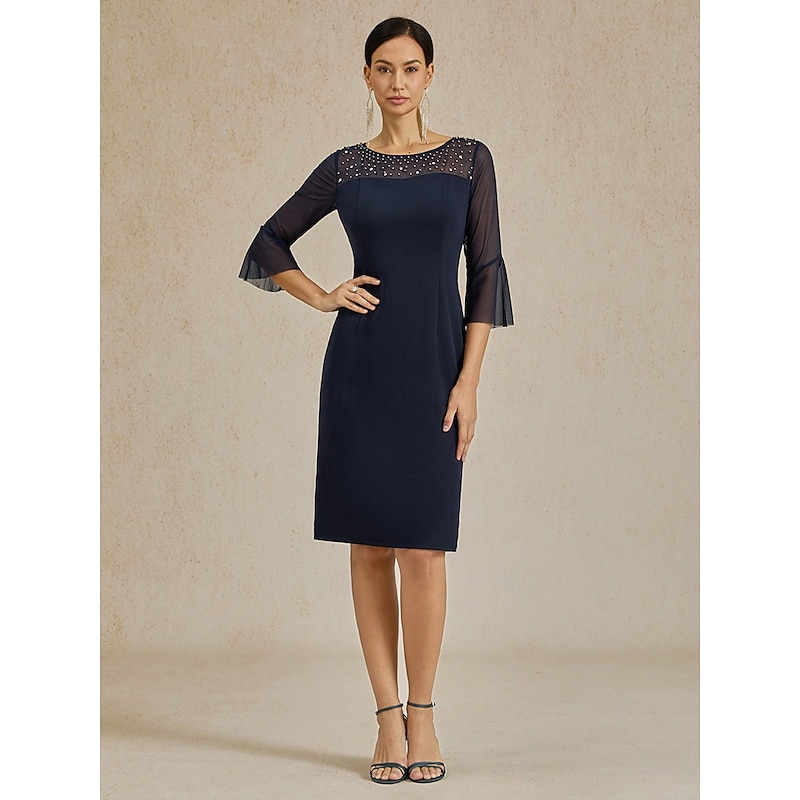 Women's Midi Dress Sheath Dress Elegant Regular Fit Solid Color Half Sleeve Crew Neck Navy Blue Summer Spring