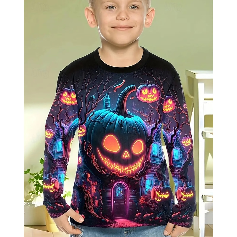 Halloween Boys' 3D Pumpkin T shirt Tee Long Sleeve Spring Fall Fashion Basic Kids 4-12 Years Crew Neck Outdoor Casual Daily Regular Fit