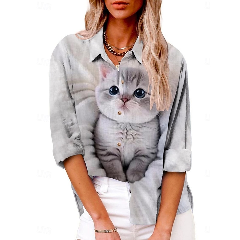 Women's Shirt Cat Dog Active Daily Stylish Long Sleeve Shirt Collar Regular Tops Daily Holiday Buttons Print Navy Blue Gray Summer Spring Fall3