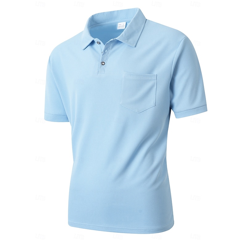 Men's Polo Golf Shirt Business Casual Classic Short Sleeve Fashion Solid Color Plain Pocket Buttons Summer Spring Regular Fit Light Blue Polo